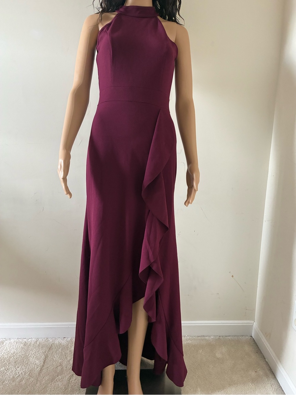Woosea Sleeveless High-Neck Burgundy Ruffle Maxi Dress